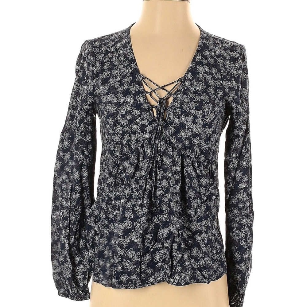 BCBG Blue and White Patterned Lace-Up Blouse